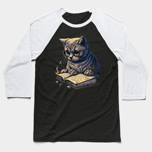 Book Worm Cat Baseball T-Shirt by pako-valor